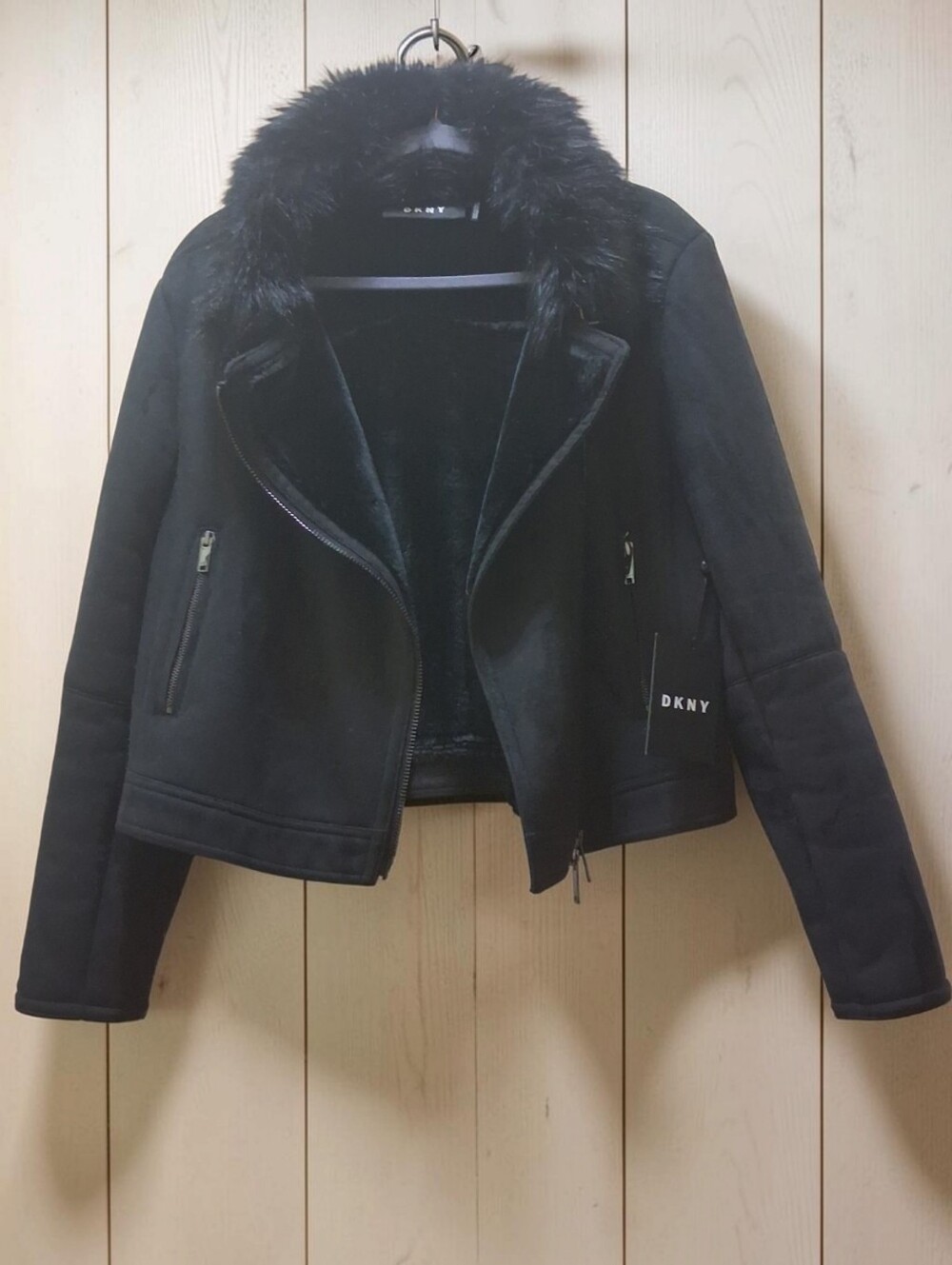 DKNY Black Faux Suede & Faux Fur Collar Moto Jacket - Size L - Picture 3 of 7